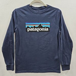 Patagonia Youth XL Size 14 Navy Blue Long Sleeve Tee Shirt Mountain Graphic Logo
